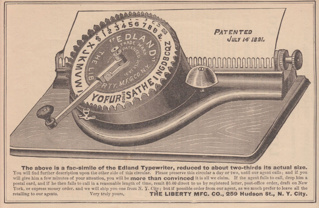 Edland typewriter period advertisement.