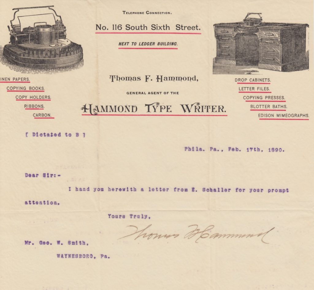 Hammond 1 typewriter letterhead, 5.