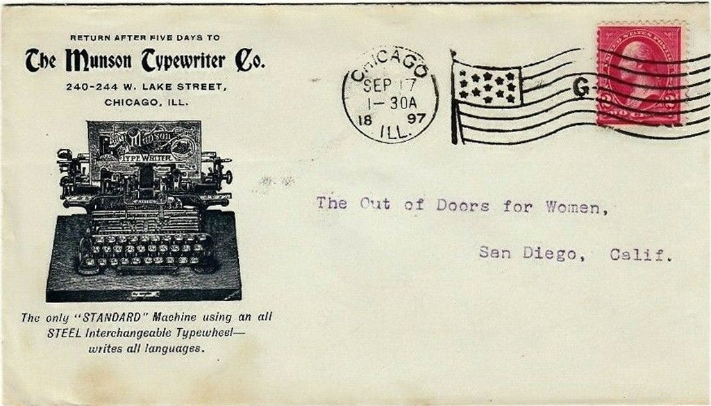 An envelope from 1897 showing a Munson 1 typewriter.