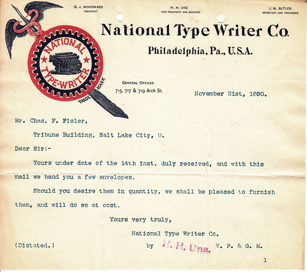 National typewriter letterhead, 1.