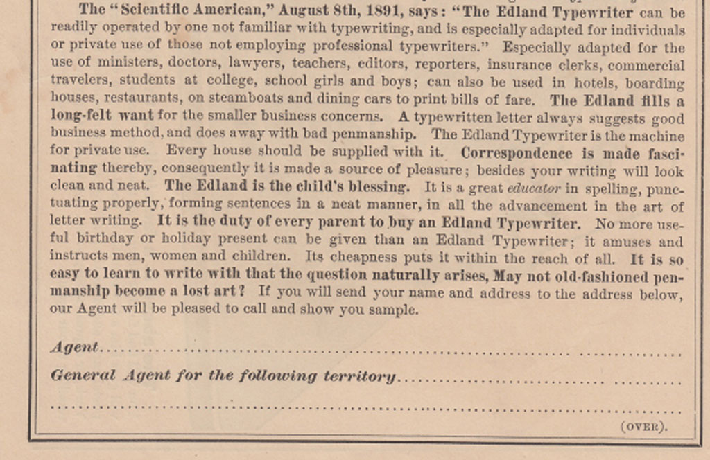 Edland typewriter period advertisement, 3.