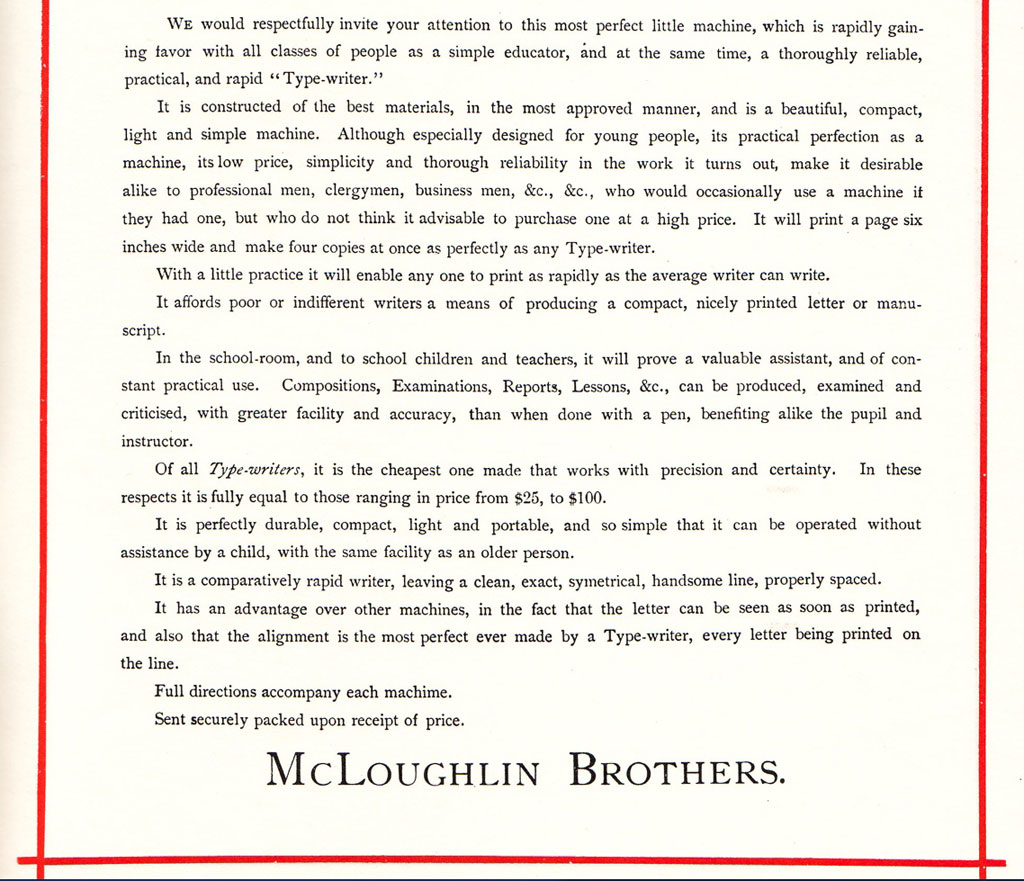 Period advertisement for the McLoughlin Brothers typewriter, 2.