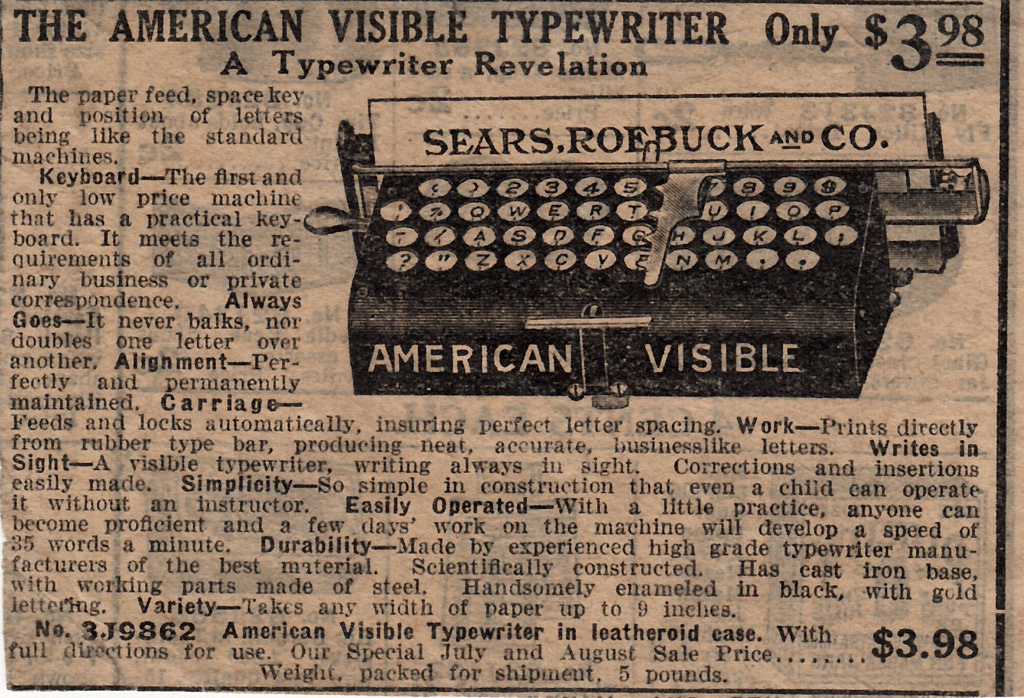 Period advertisement for the American 1 Visible typewriter, 1.