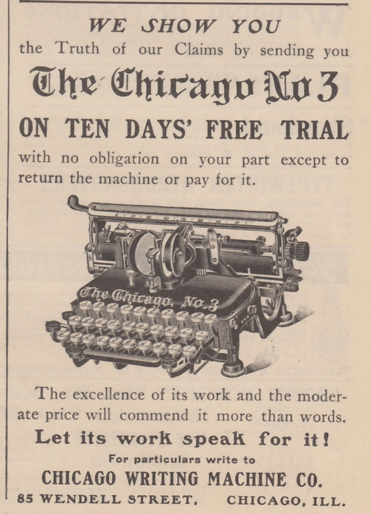Period advertisement of the Chicago 3 typewriter, 1.