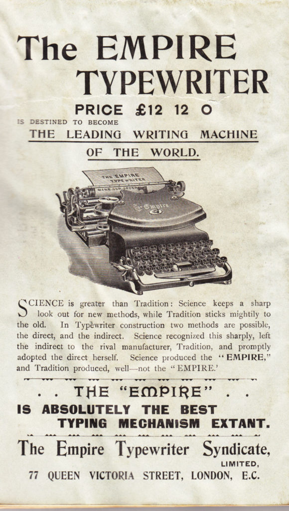 Period advertisement for the Empire 1 typewriter, 1.