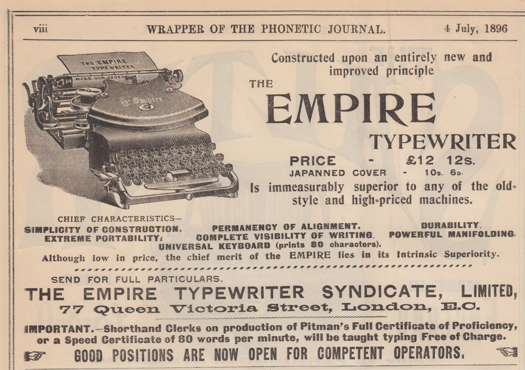 Period advertisement for the Empire 1 typewriter, 2.