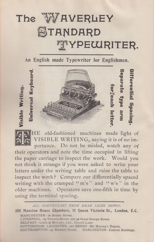 Period advertisement for the Waverley typewriter.