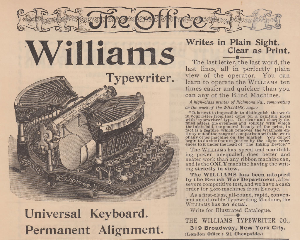 Period advertisement for the Williams 1 typewriter, 5.
