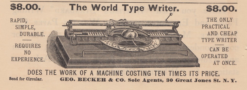 Period advertisement for the World 1 typewriter, 2.