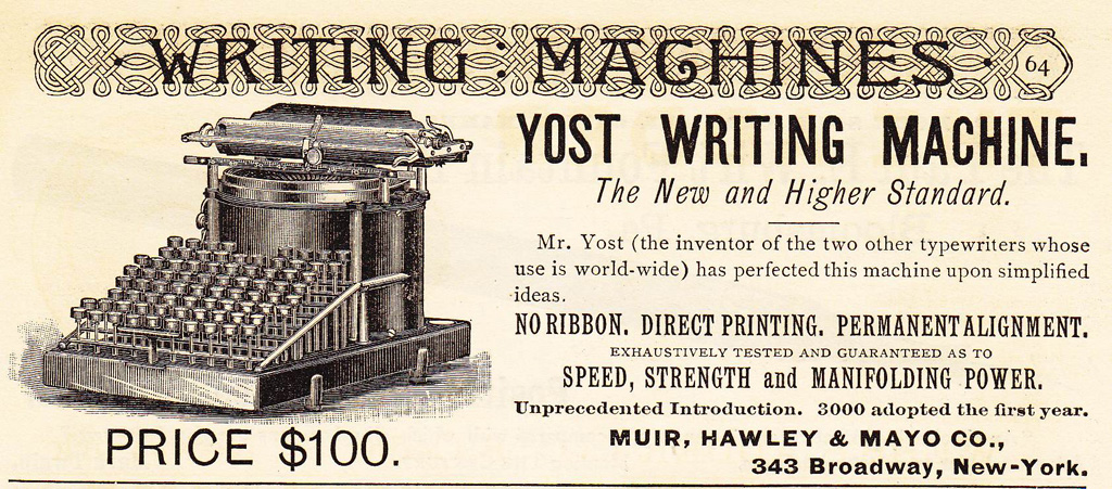 Period advertisement for the Yost 1 typewriter, 2.