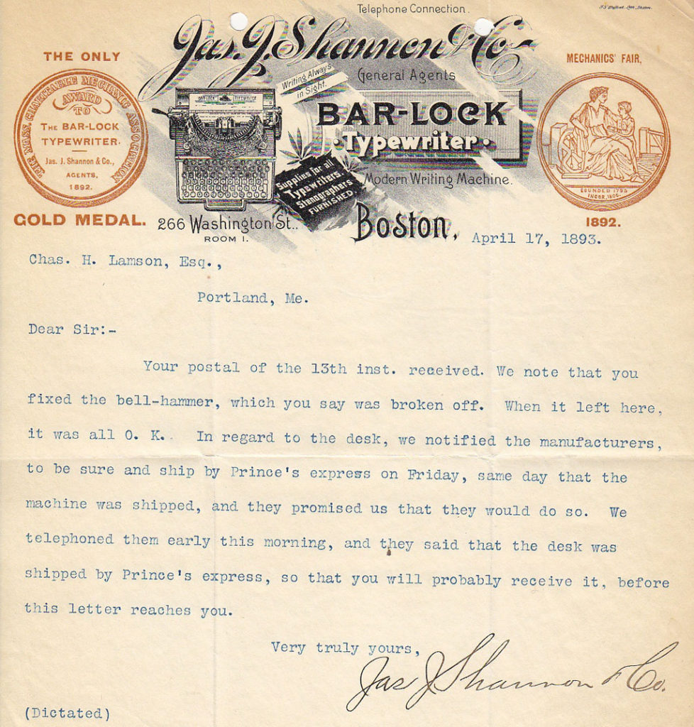 Period letterhead for the Bar-Lock 4 typewriter, 1.