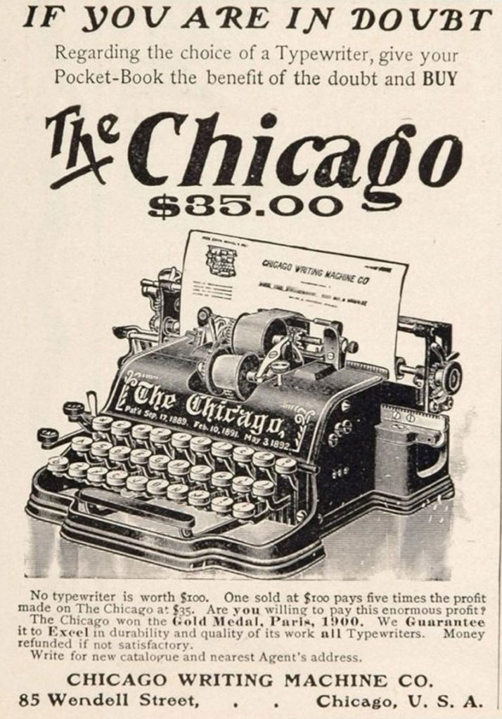 Period advertisement of the Chicago 1 typewriter, 1.
