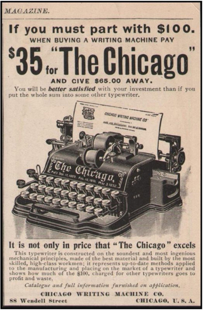Period advertisement of the Chicago 1 typewriter, 3.