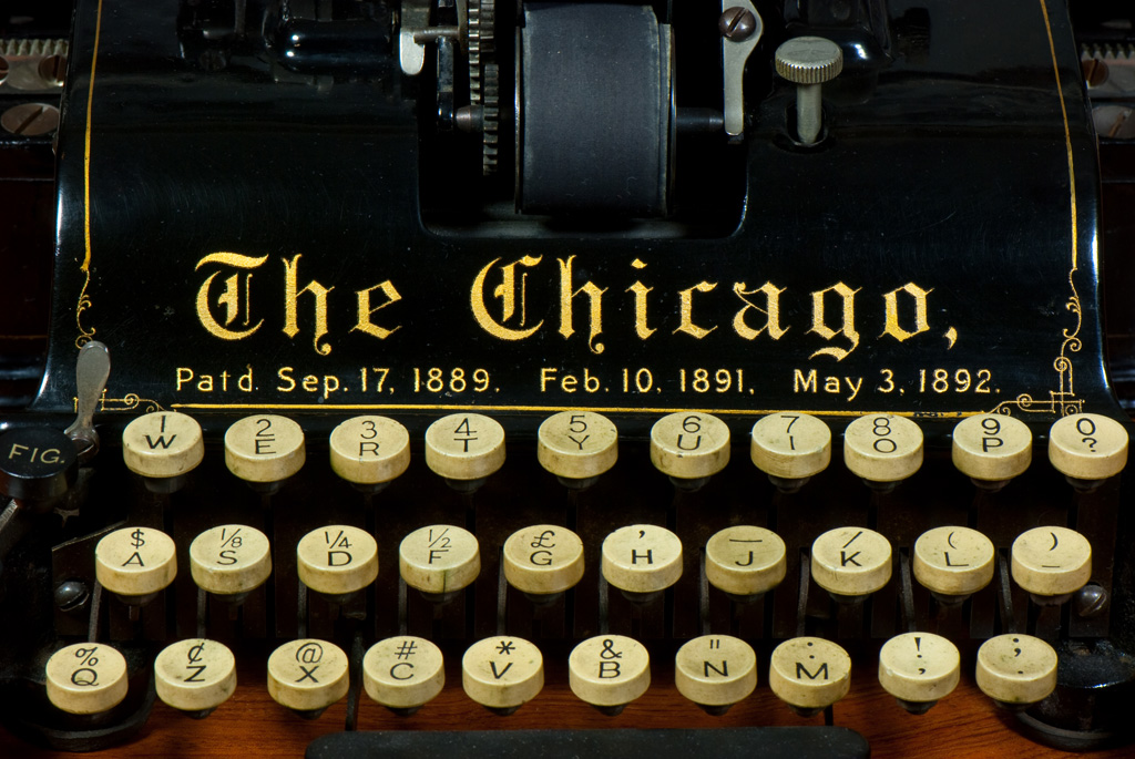 Photograph of the Chicago 1 typewriter showing the top cover. (sold)