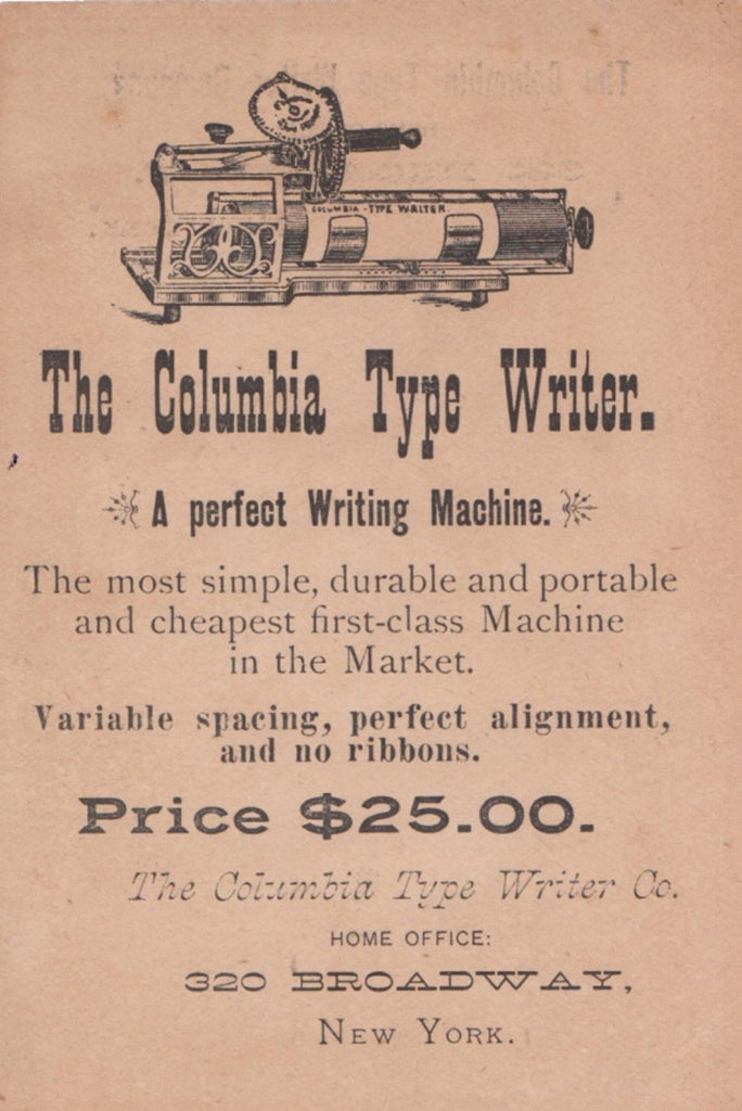 Trade card for the Columbia 1 typewriter, back side.