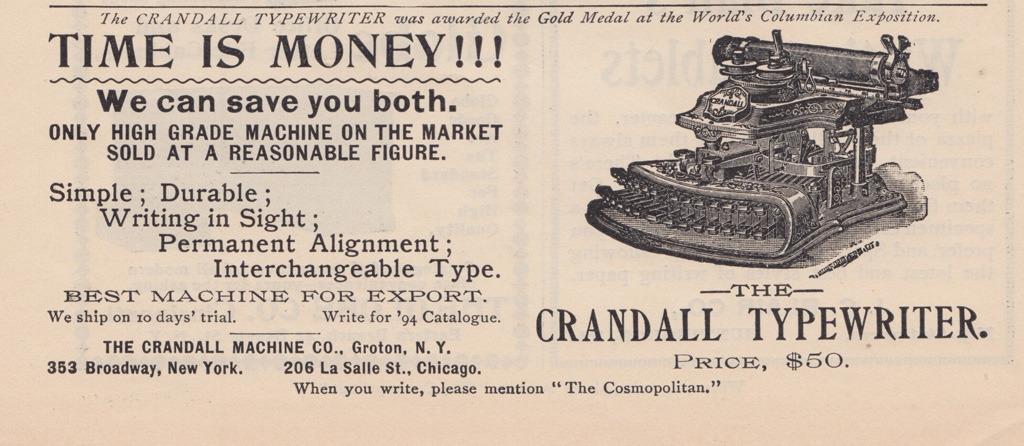 Period advertisement for the Crandall New Model typewriter, 2.