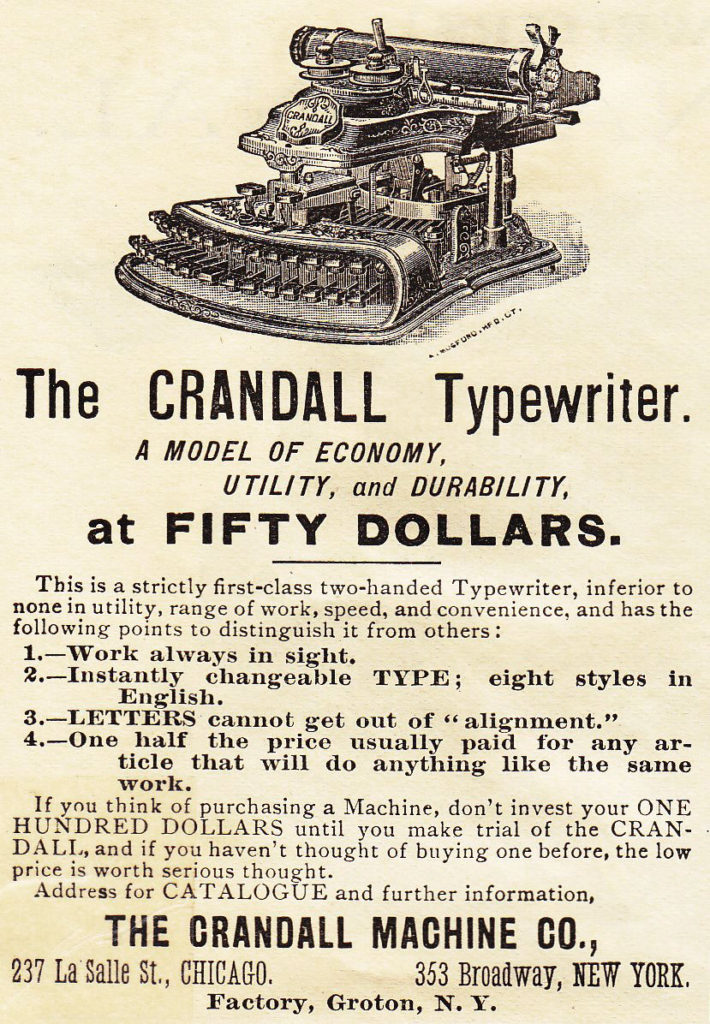Period advertisement for the Crandall New Model typewriter, 3.
