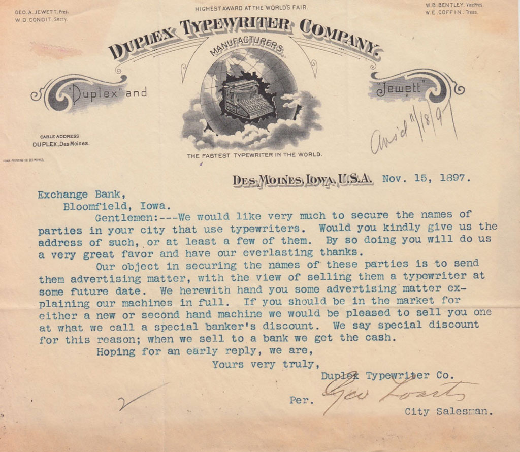 Period letterhead of the Duplex typewriter, dated 1897.