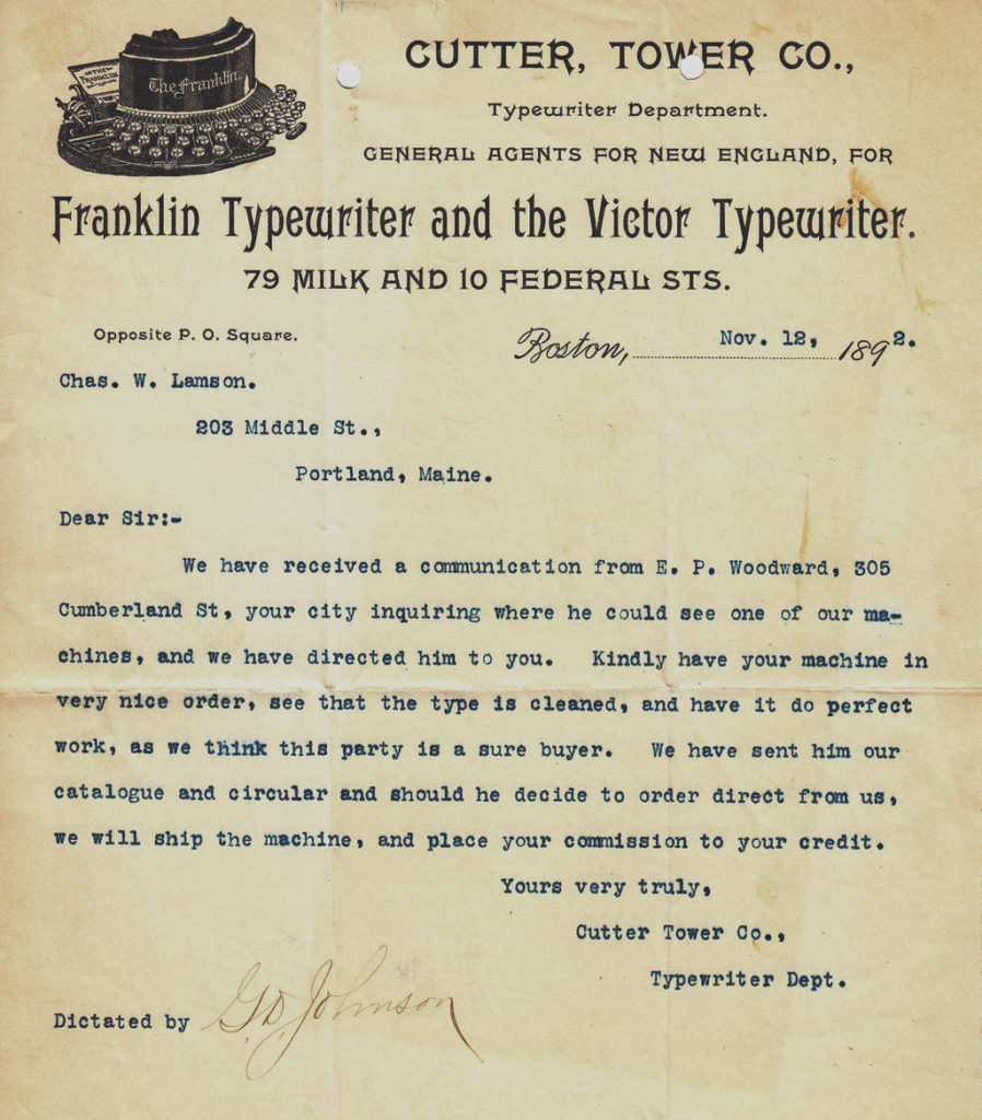 Franklin typewriter period letterhead.