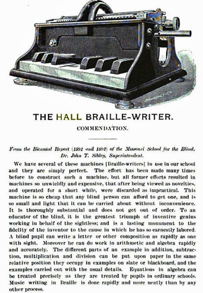 Hall 1 Braille writer period advertisement, 1.