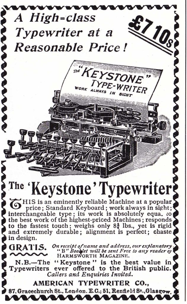 Period advertisement for the Keystone 1 typewriter.