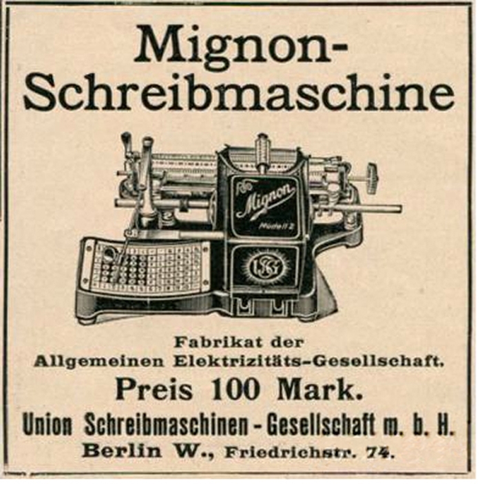 Period advertisement of the Mignon 2 typewriter.
