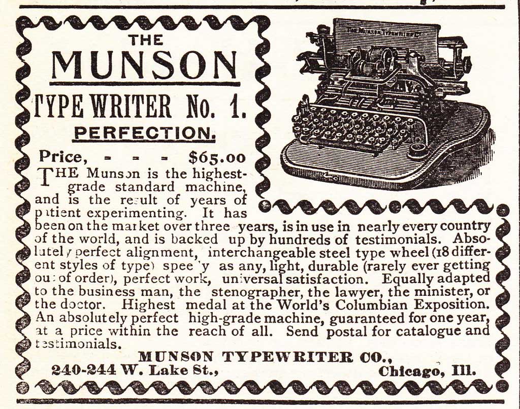 Period advertising for the Munson 1 typewriter, 4.