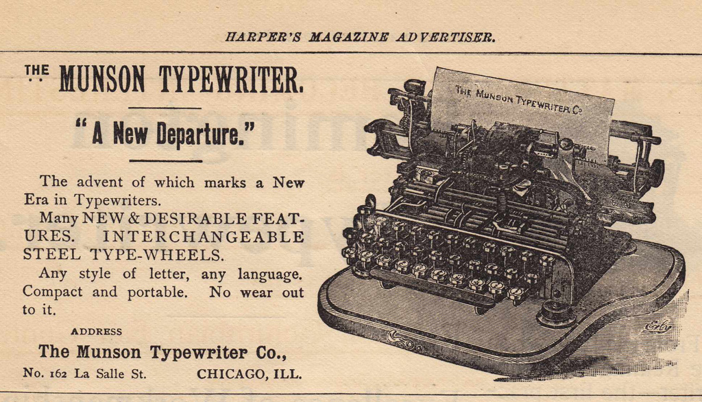 Period advertising for the Munson 1 typewriter, 1.