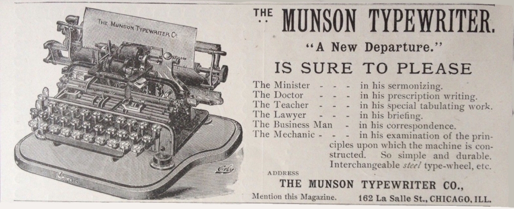 Period advertising for the Munson 1 typewriter, 3.