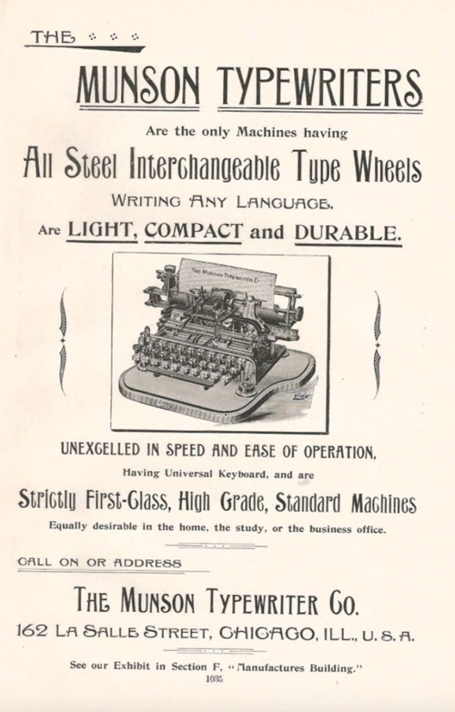 Period advertising for the Munson 1 typewriter, 2.