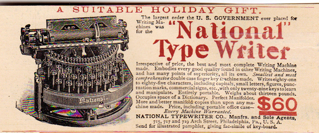 Period advertisement for the National 1 typewriter, 2