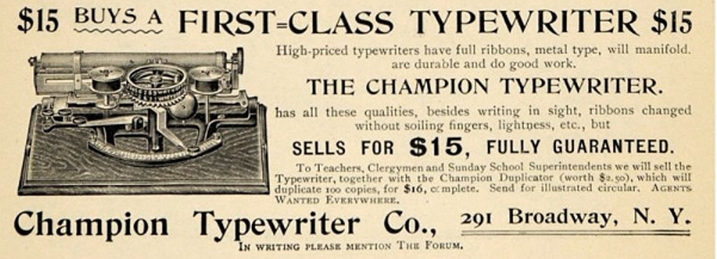 Advertisement for the Champion typewriter successor to the Peoples typewriter.