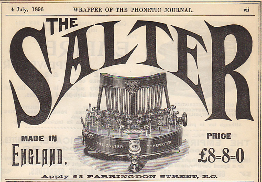 Period advertisement of the Salter 5 typewriter, 1.