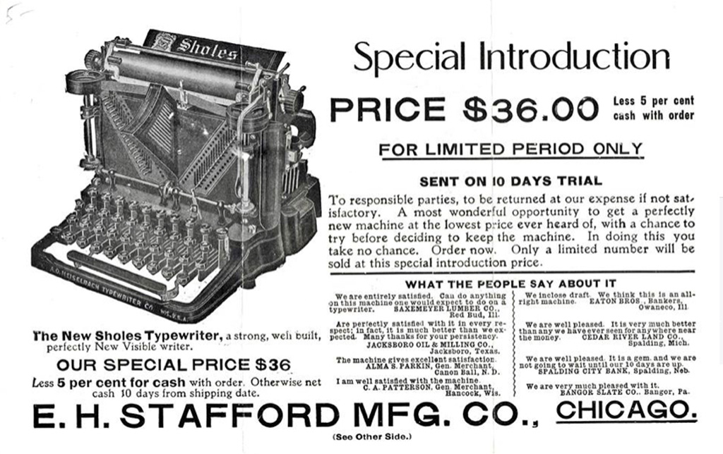 Period advertisement of the Sholes Visible 1 typewriter, 2.