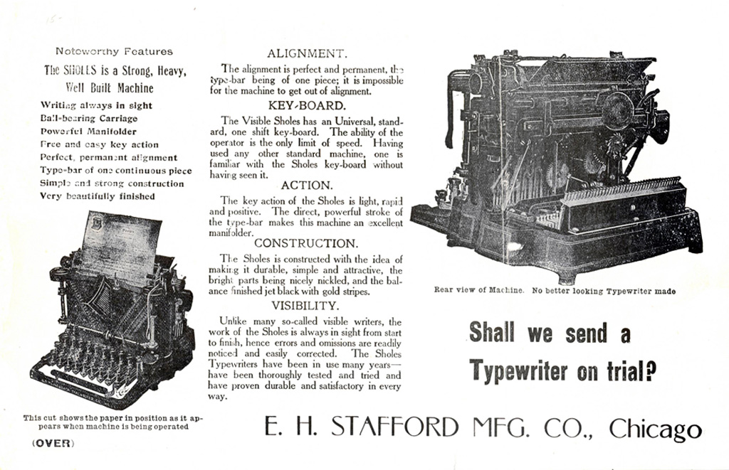 Period advertisement of the Sholes Visible 1 typewriter, 1.