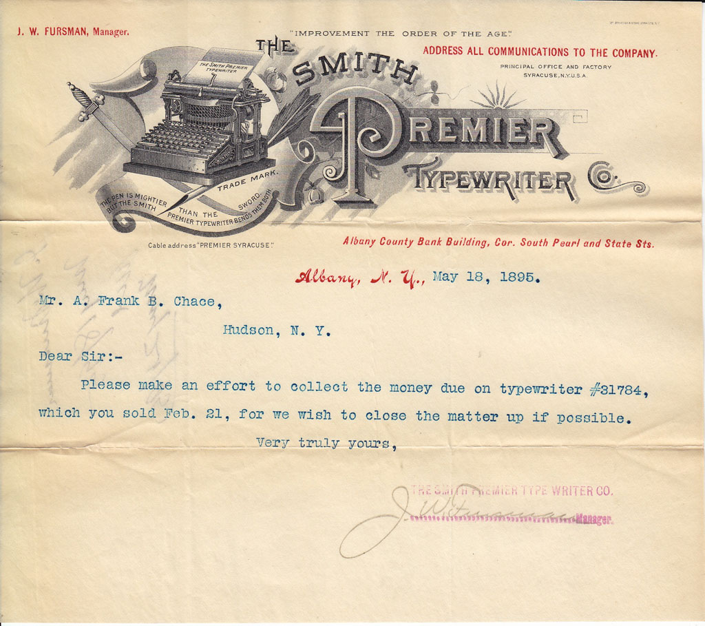 Period letterhead of the Smith Premier 1 typewriter, 3.