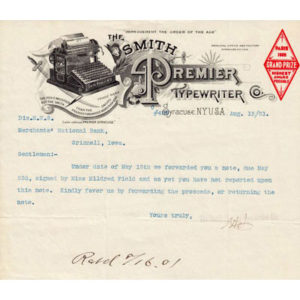 Period letterhead of the Smith Premier 1 typewriter, 1.