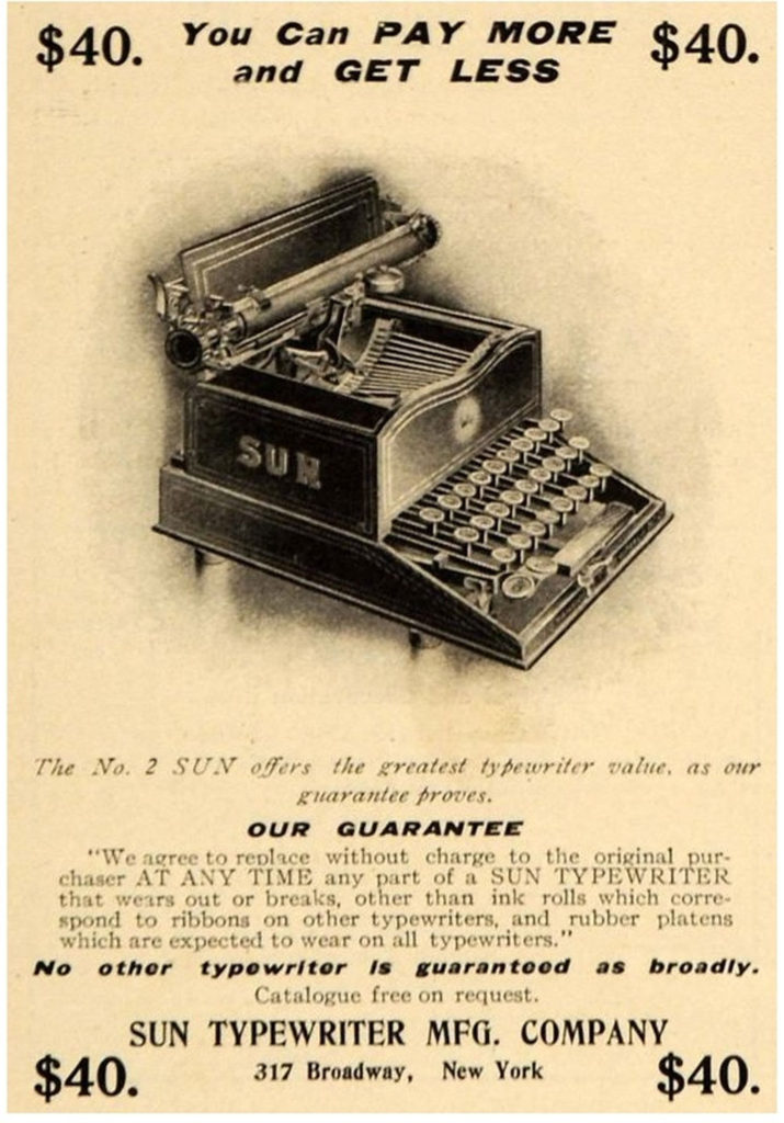 Period advertisement of the Sun Standard 2 typewriter, 1.