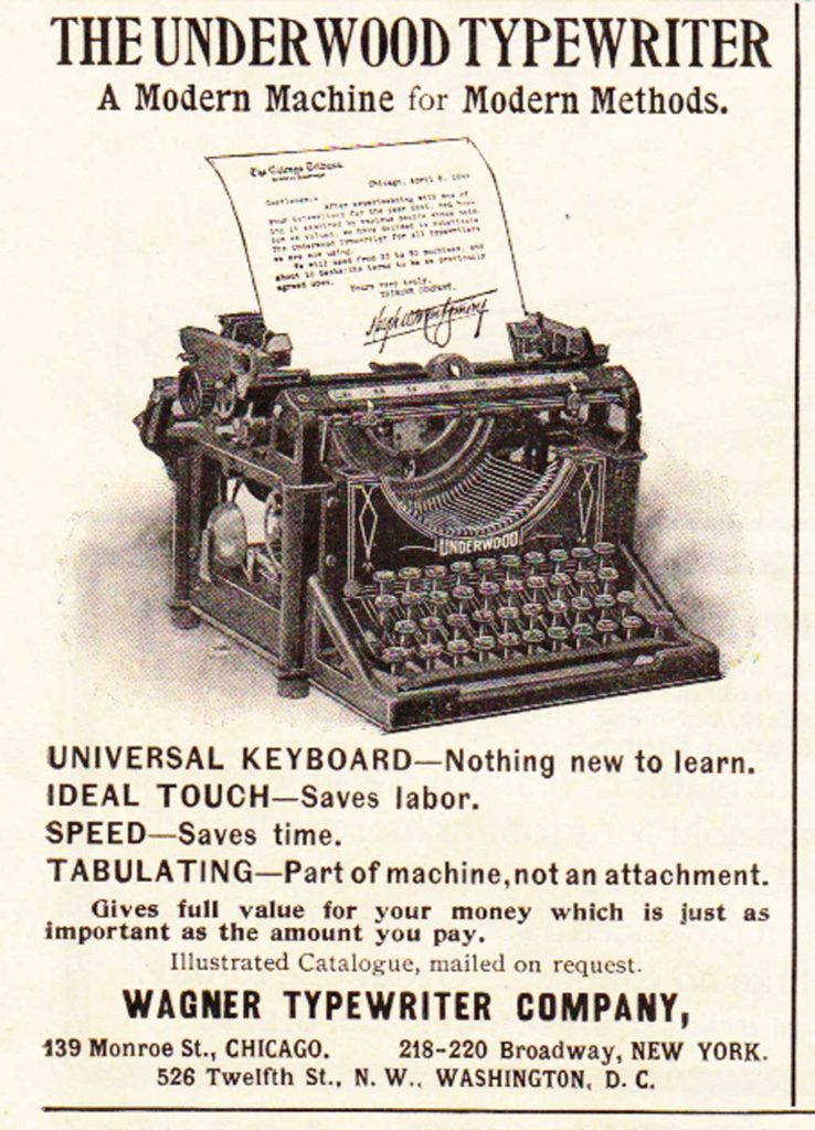 Period advertisement for the Underwood typewriter 1, 3.