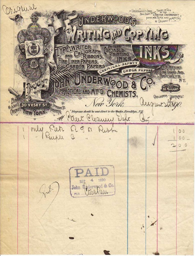 Period letterhead for the Underwood Writing and Copying Inks Company, dated 1890.