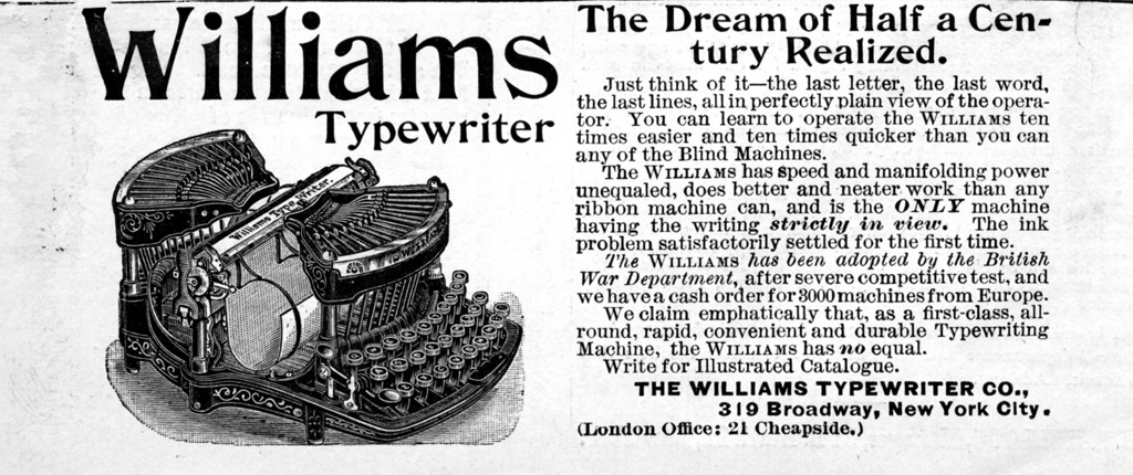 Period advertisement for the Williams 1 typewriter, 2.