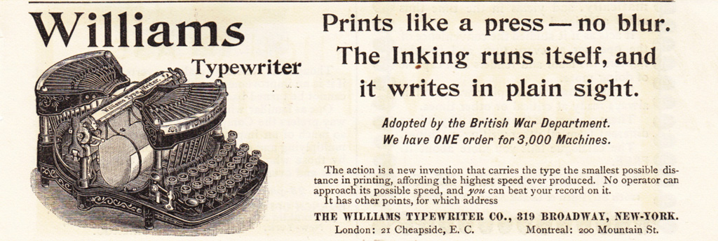 Period advertisement for the Williams 1 typewriter, 3.