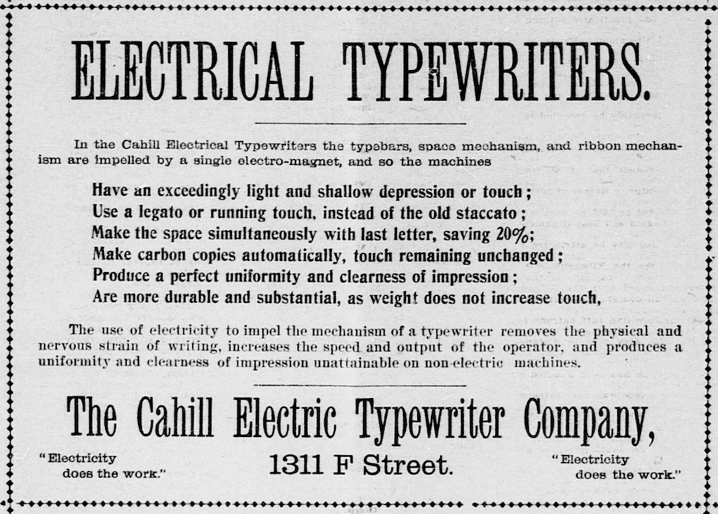 Advertisement for the Cahill Electric typewriter.