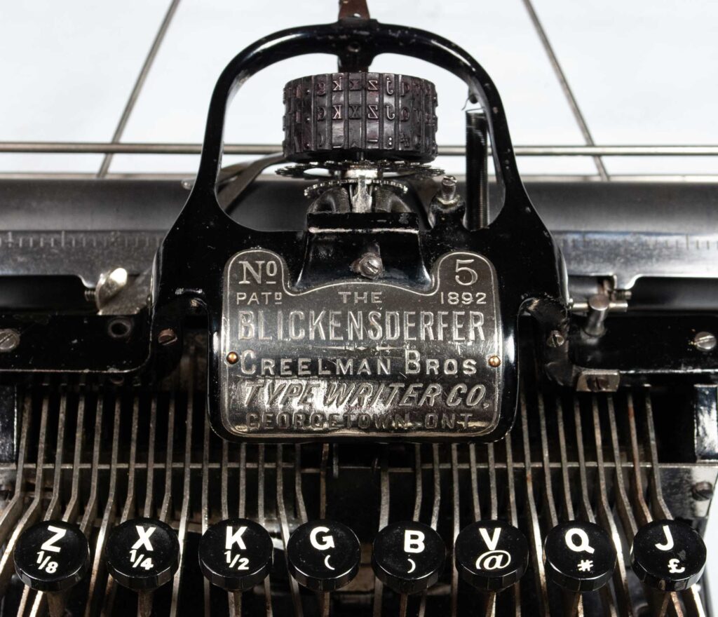Close up of the name plate on the Blickensderfer 5 typewriter.