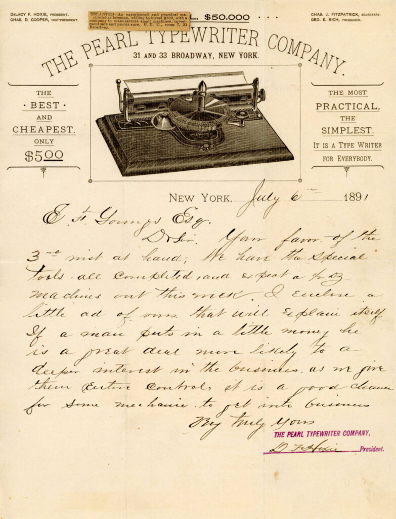 Letterhead for the Pearl Typewriter - July 6th, 1891