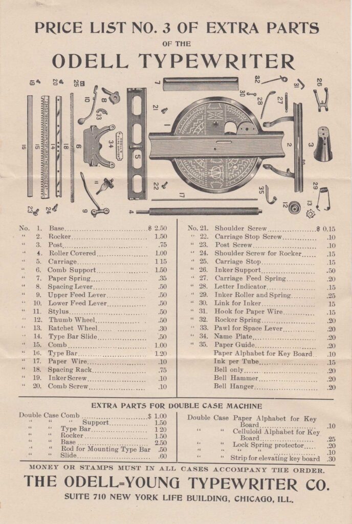 Parts list for Odell 1 typewriter.