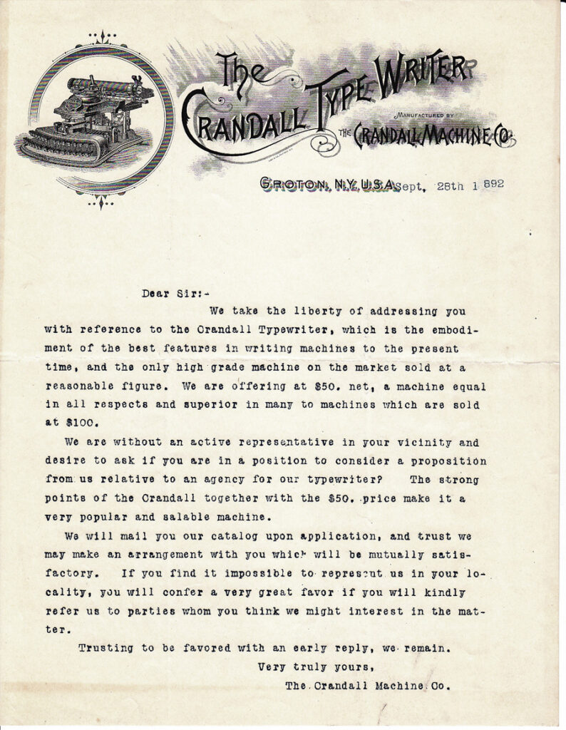 Crandall typewriter letterhead 1892