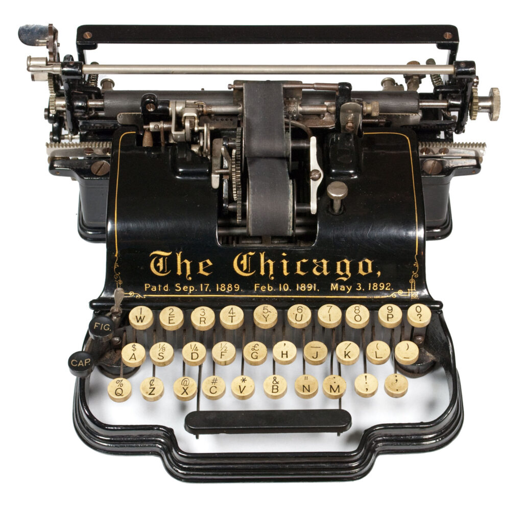 Photograph of the Chicago 1 typewriter from the front.