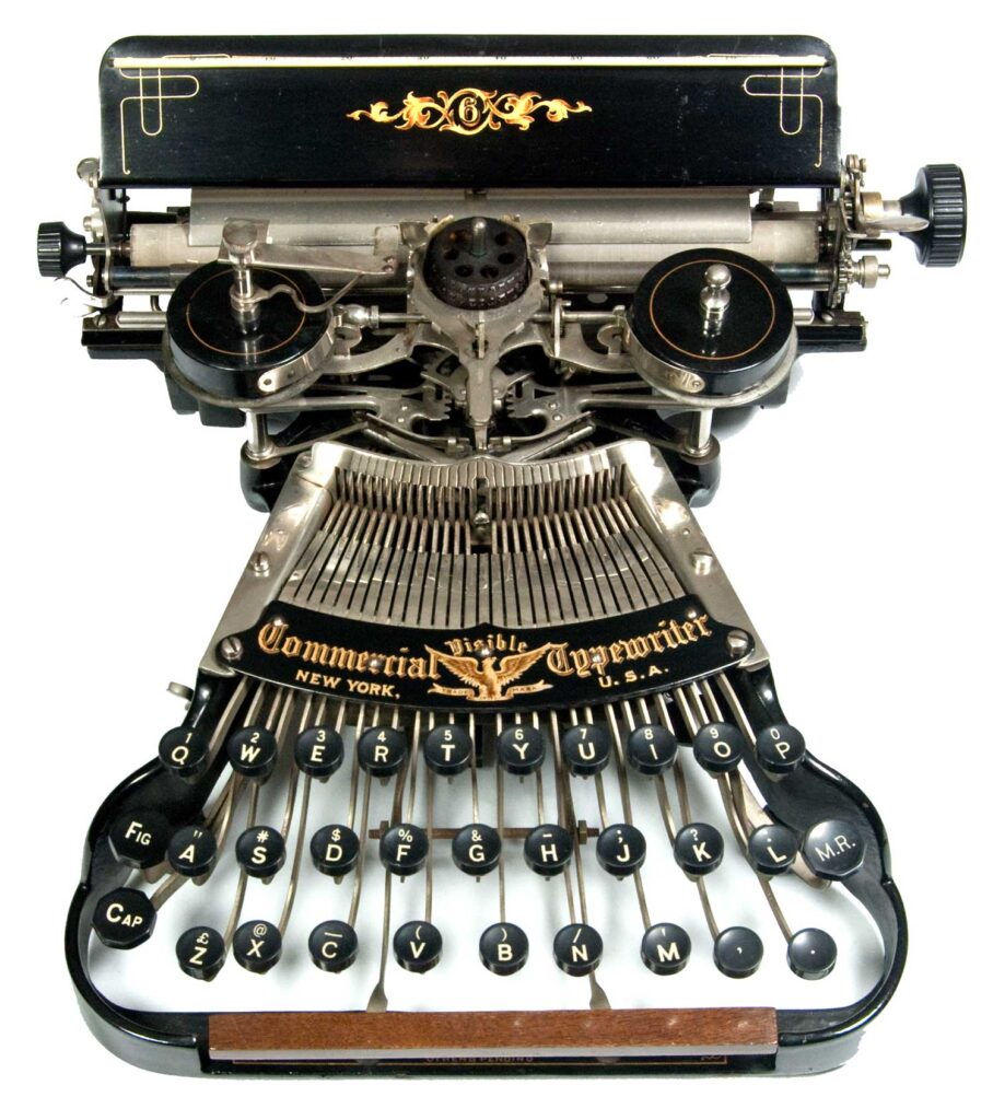 Full front view of the Commercial Visible 6 typewriter.