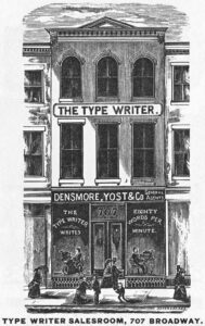 Illustration of the Densmore and Yost Company typewriter store in New York City in 1876.